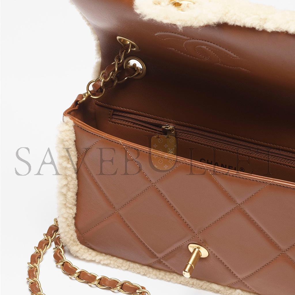 Ch*el shearling lambskin & gold-tone metal flap bag as5149 (23.5*16*7.5cm)